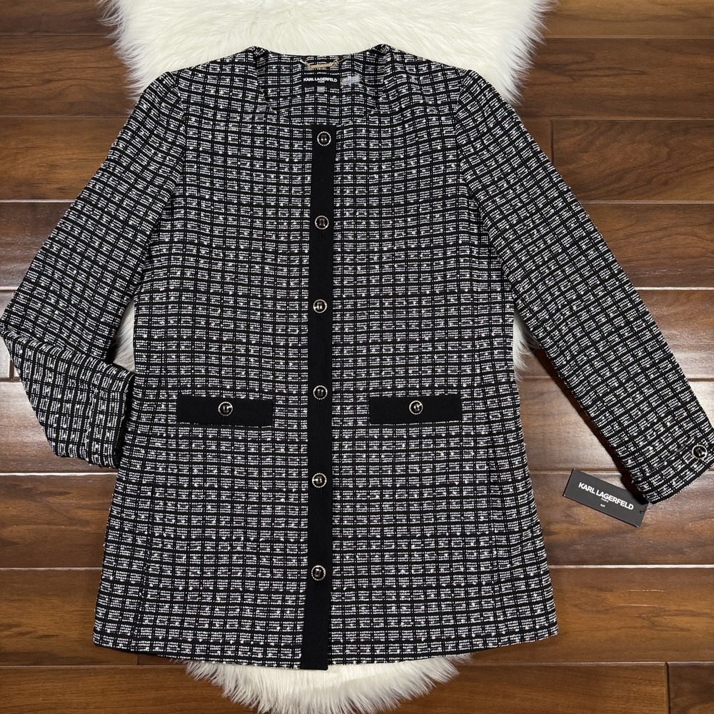 Karl Lagerfeld Women's Size 14 Black White Tweed Long Sleeve Suit Blazer Jacket